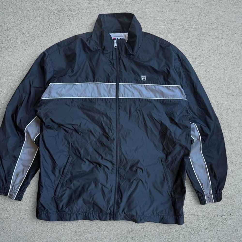 Fila Black Windbreaker Jacket Size XL Gray Stripe